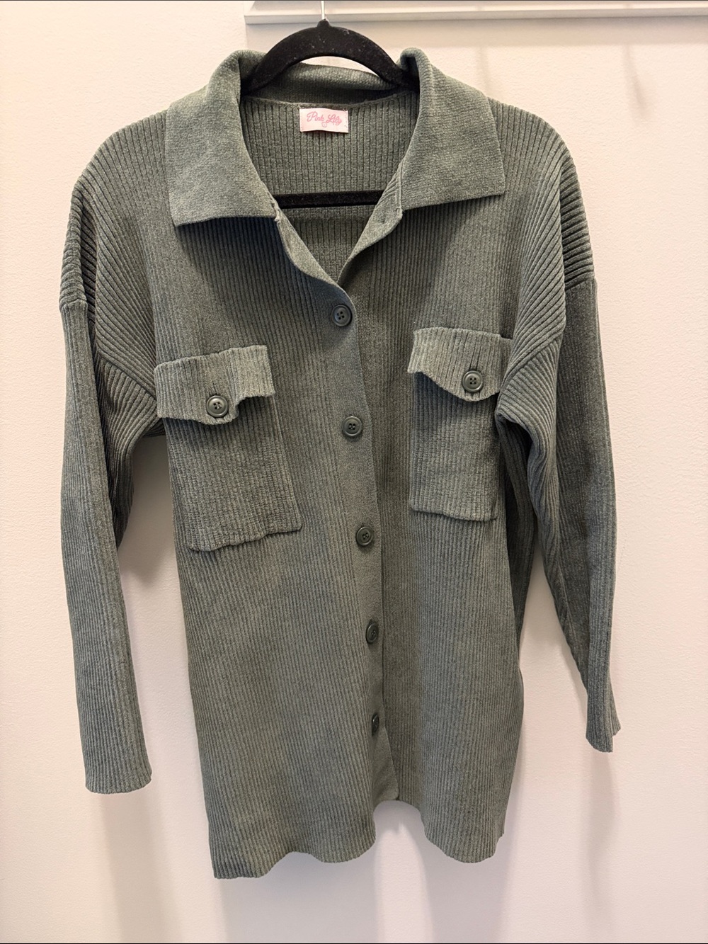 Pink Lily Olive Ribbed Utility Shirt Jacket